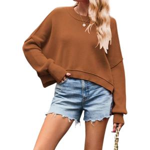 imageCHARTOU Women Loose Crew Neck Cable Knit Sweater Fall Ribbed Long Sleeve Knitted Sweater Pullover JumperCoffee