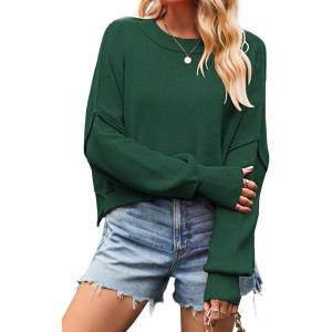 imageCHARTOU Women Loose Crew Neck Cable Knit Sweater Fall Ribbed Long Sleeve Knitted Sweater Pullover JumperGreen