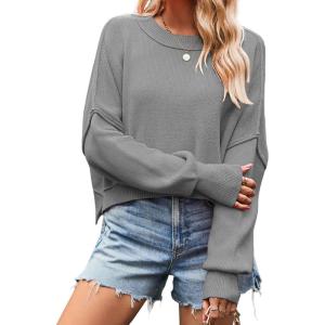 imageCHARTOU Women Loose Crew Neck Cable Knit Sweater Fall Ribbed Long Sleeve Knitted Sweater Pullover JumperGrey