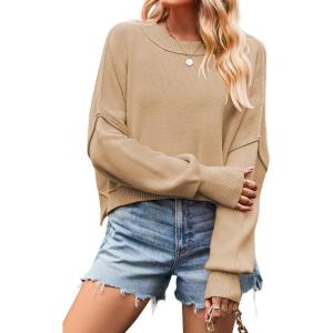imageCHARTOU Women Loose Crew Neck Cable Knit Sweater Fall Ribbed Long Sleeve Knitted Sweater Pullover JumperKhaki