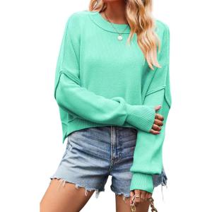 imageCHARTOU Women Loose Crew Neck Cable Knit Sweater Fall Ribbed Long Sleeve Knitted Sweater Pullover JumperLake Green