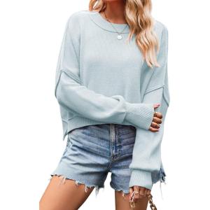 imageCHARTOU Women Loose Crew Neck Cable Knit Sweater Fall Ribbed Long Sleeve Knitted Sweater Pullover JumperLight Blue