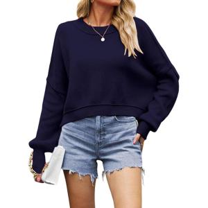 imageCHARTOU Women Loose Crew Neck Cable Knit Sweater Fall Ribbed Long Sleeve Knitted Sweater Pullover JumperNavy