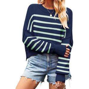 imageCHARTOU Women Loose Crew Neck Cable Knit Sweater Fall Ribbed Long Sleeve Knitted Sweater Pullover JumperNavy Stripe