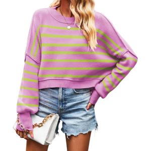 imageCHARTOU Women Loose Crew Neck Cable Knit Sweater Fall Ribbed Long Sleeve Knitted Sweater Pullover JumperPurple Stripe