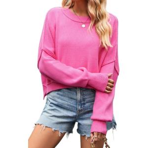 imageCHARTOU Women Loose Crew Neck Cable Knit Sweater Fall Ribbed Long Sleeve Knitted Sweater Pullover JumperRosy