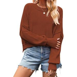 imageCHARTOU Women Loose Crew Neck Cable Knit Sweater Fall Ribbed Long Sleeve Knitted Sweater Pullover JumperRust Red