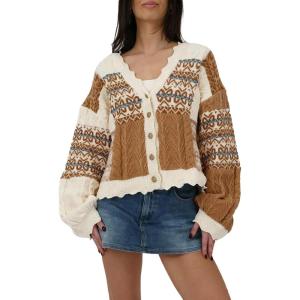imageCHARTOU Womens Boho Cropped Cardigan Color Block Short Scalloped V Neck Buttons Knit Fall SweaterBrown