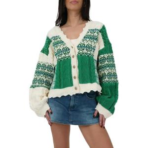 imageCHARTOU Womens Boho Cropped Cardigan Color Block Short Scalloped V Neck Buttons Knit Fall SweaterGreen