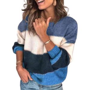 imageCHARTOU Womens Fall Sweaters Contrast Striped Knit Pullover Sweater Oversized Sweatshirt Casual OutwearBlue