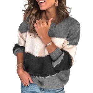 imageCHARTOU Womens Fall Sweaters Contrast Striped Knit Pullover Sweater Oversized Sweatshirt Casual OutwearGrey