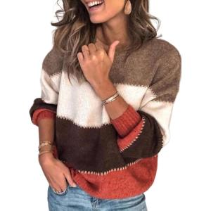 imageCHARTOU Womens Fall Sweaters Contrast Striped Knit Pullover Sweater Oversized Sweatshirt Casual OutwearKhaki