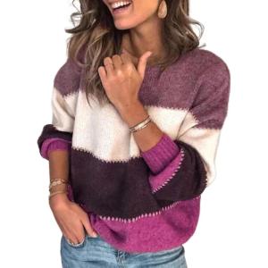 imageCHARTOU Womens Fall Sweaters Contrast Striped Knit Pullover Sweater Oversized Sweatshirt Casual OutwearPurple