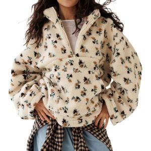 imageCHARTOU Womens Half Zip Sherpa Pullover Striped Oversized Sweatshirt Floral Stand Collar Fleece JacketBrown Floral