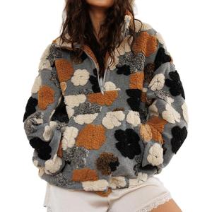 imageCHARTOU Womens Half Zip Sherpa Pullover Striped Oversized Sweatshirt Floral Stand Collar Fleece JacketGrey
