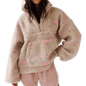 imageCHARTOU Womens Half Zip Sherpa Pullover Striped Oversized Sweatshirt Floral Stand Collar Fleece JacketPink Floral