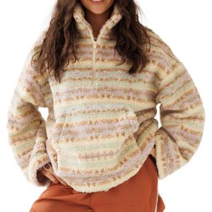 imageCHARTOU Womens Half Zip Sherpa Pullover Striped Oversized Sweatshirt Floral Stand Collar Fleece JacketStripes