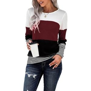 imageCHARTOU Womens Trendy Color Block Pullover Tunic Jumper Wear to Work Jersey Sweater TopWine Red