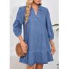 imageCHARTOU Women 34 Sleeve Ruffle Denim Dress Summer Collared V Neck Loose Shirt Jean Dress with PocketsBlue