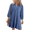 imageCHARTOU Women 34 Sleeve Ruffle Denim Dress Summer Collared V Neck Loose Shirt Jean Dress with PocketsBlue