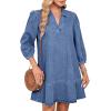 imageCHARTOU Women 34 Sleeve Ruffle Denim Dress Summer Collared V Neck Loose Shirt Jean Dress with PocketsBlue