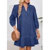 imageCHARTOU Women 34 Sleeve Ruffle Denim Dress Summer Collared V Neck Loose Shirt Jean Dress with PocketsDark Blue