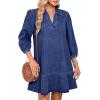 imageCHARTOU Women 34 Sleeve Ruffle Denim Dress Summer Collared V Neck Loose Shirt Jean Dress with PocketsDark Blue