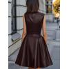 imageCHARTOU Women PU Faux Leather Dress Elegant Sleeveless Belted V Neck Casual Party Mini Dress with PocketsCoffee