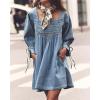 imageCHARTOU Womens Denim Mini Dress Cute Babydoll Jean Dress 34 Sleeve Smocked Loose Tunic with PocketsLight Blue