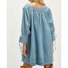 imageCHARTOU Womens Denim Mini Dress Cute Babydoll Jean Dress 34 Sleeve Smocked Loose Tunic with PocketsLight Blue