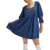 imageCHARTOU Womens Denim Mini Dress Cute Babydoll Jean Dress 34 Sleeve Smocked Loose Tunic with PocketsDark Blue