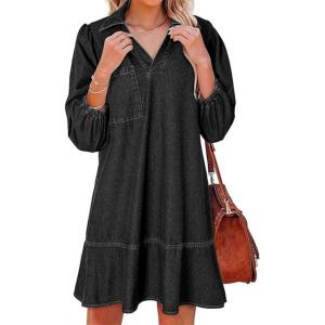 imageCHARTOU Women 34 Sleeve Ruffle Denim Dress Summer Collared V Neck Loose Shirt Jean Dress with PocketsBlack