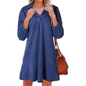 imageCHARTOU Women 34 Sleeve Ruffle Denim Dress Summer Collared V Neck Loose Shirt Jean Dress with PocketsDark Blue