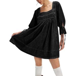 imageCHARTOU Womens Denim Mini Dress Cute Babydoll Jean Dress 34 Sleeve Smocked Loose Tunic with PocketsBlack