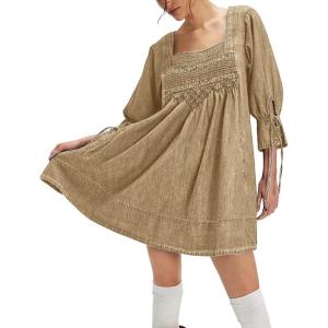imageCHARTOU Womens Denim Mini Dress Cute Babydoll Jean Dress 34 Sleeve Smocked Loose Tunic with PocketsKhaki