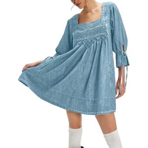 imageCHARTOU Womens Denim Mini Dress Cute Babydoll Jean Dress 34 Sleeve Smocked Loose Tunic with PocketsLight Blue