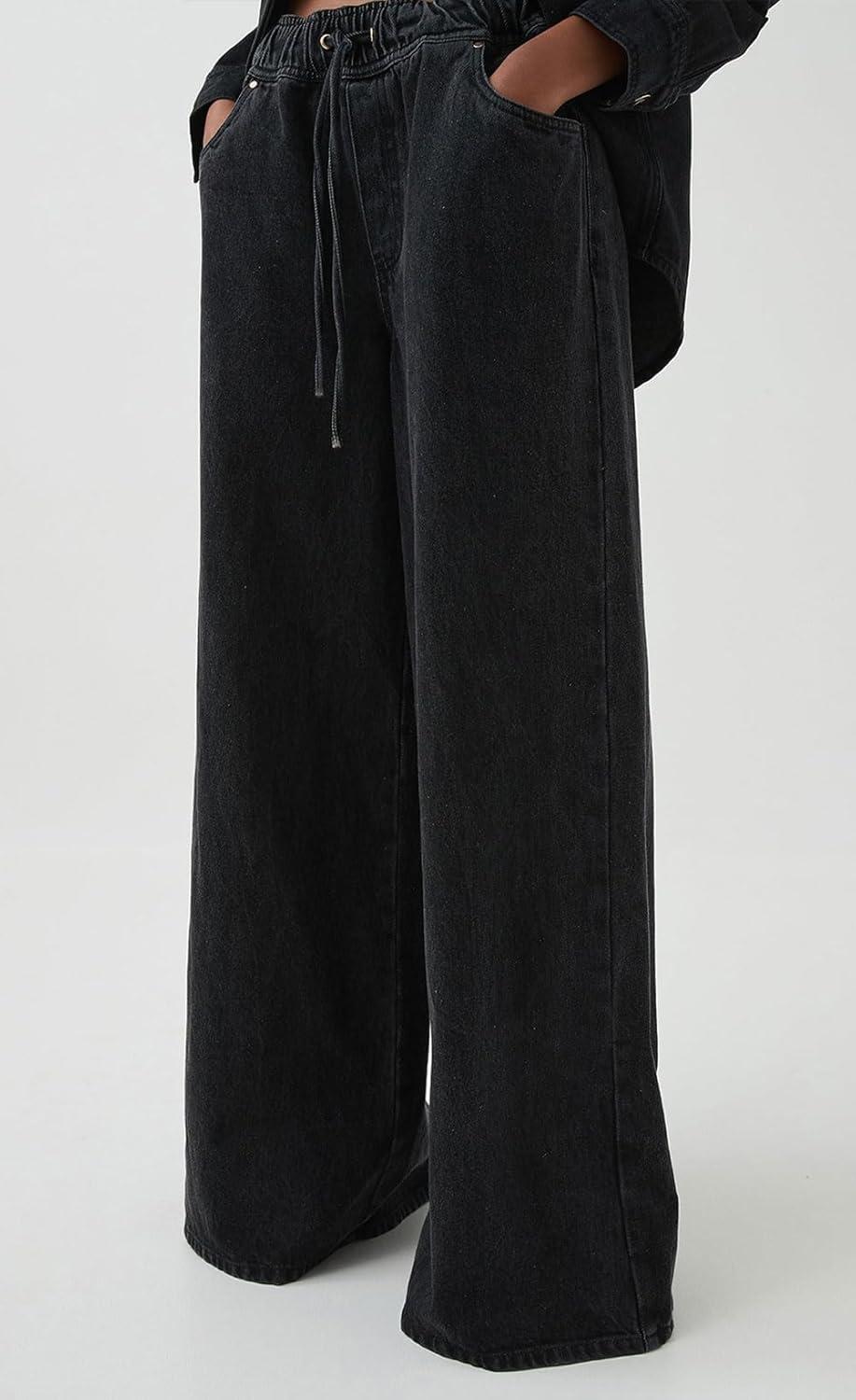 imageCHARTOU Women Wide Leg Jeans High Waisted Straight Leg Baggy Drawstring Denim PantsBlack