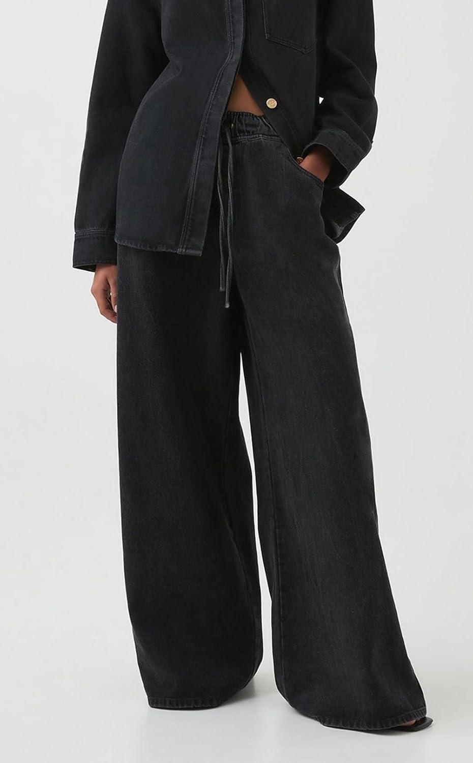 imageCHARTOU Women Wide Leg Jeans High Waisted Straight Leg Baggy Drawstring Denim PantsBlack