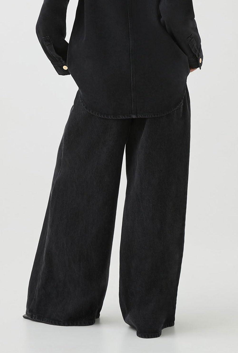 imageCHARTOU Women Wide Leg Jeans High Waisted Straight Leg Baggy Drawstring Denim PantsBlack