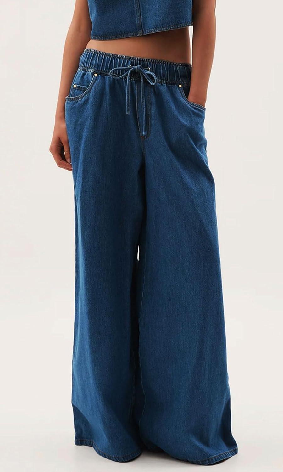 imageCHARTOU Women Wide Leg Jeans High Waisted Straight Leg Baggy Drawstring Denim PantsBlue
