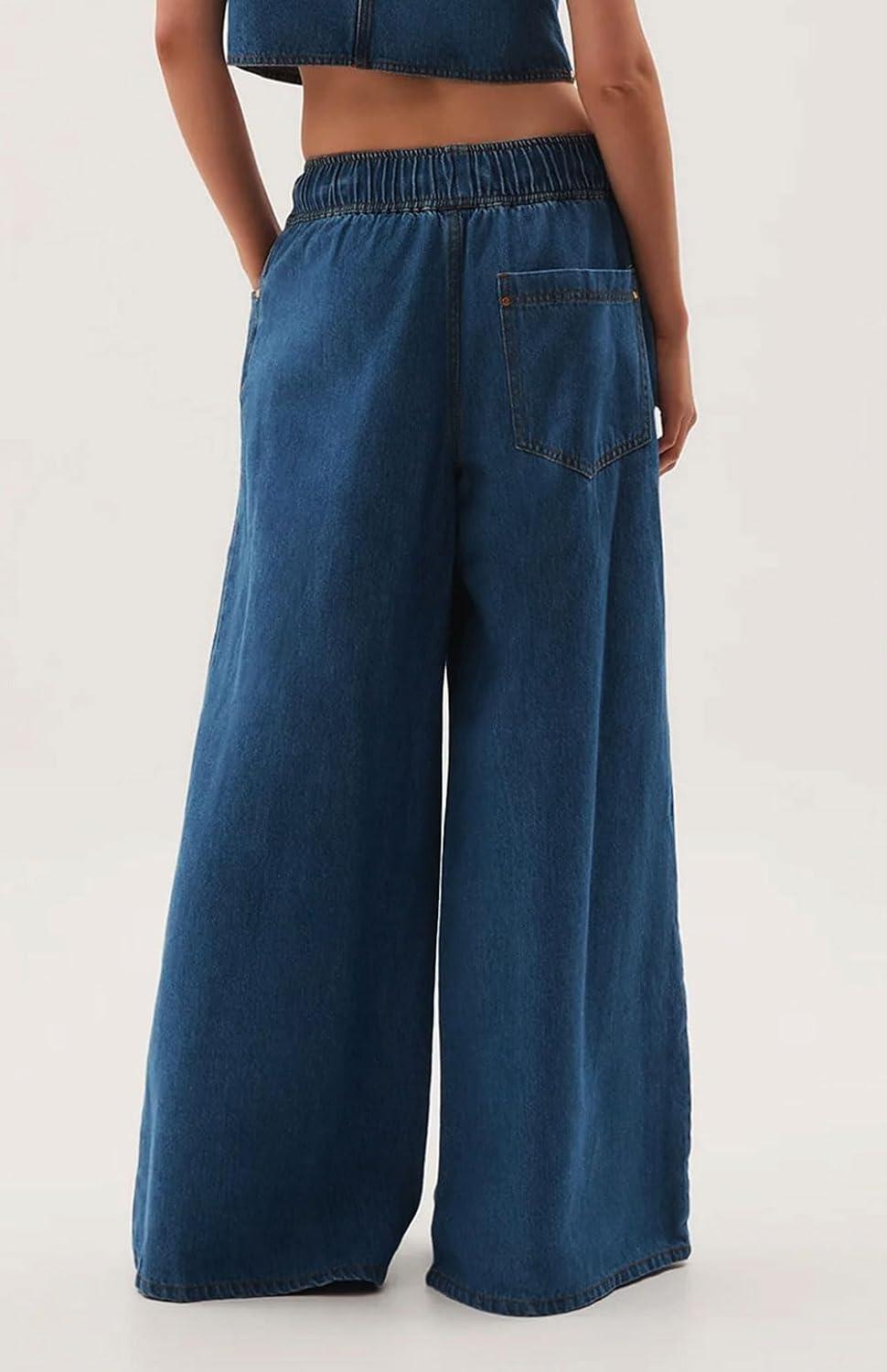 imageCHARTOU Women Wide Leg Jeans High Waisted Straight Leg Baggy Drawstring Denim PantsBlue