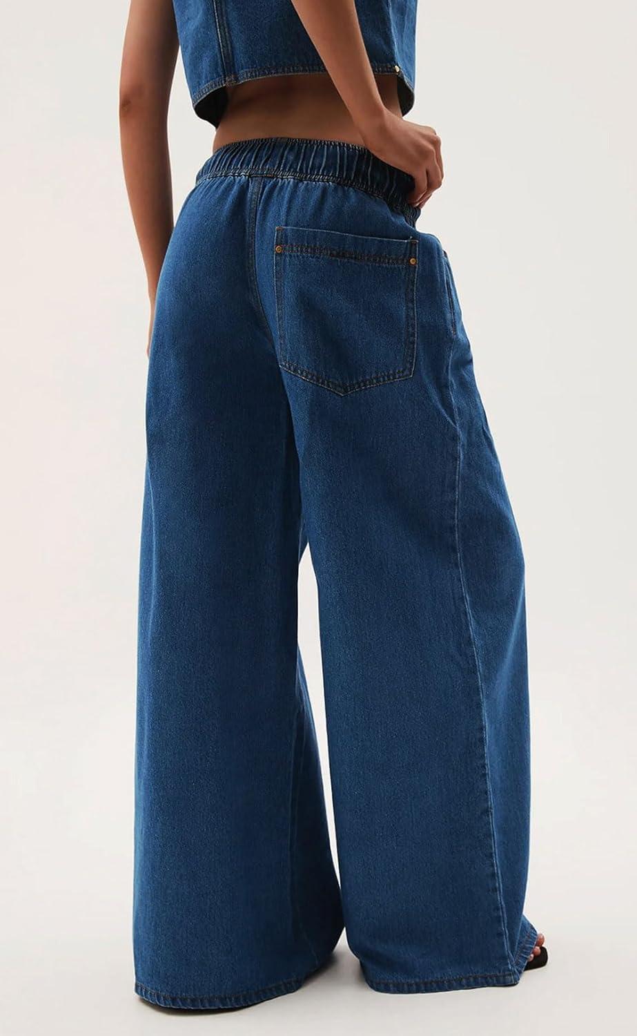 imageCHARTOU Women Wide Leg Jeans High Waisted Straight Leg Baggy Drawstring Denim PantsBlue