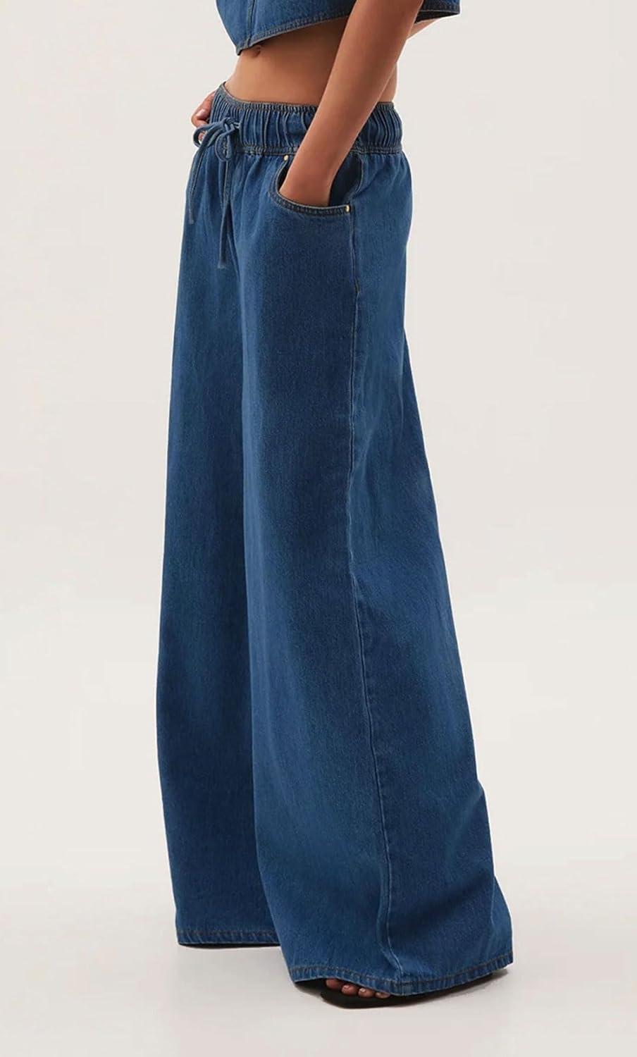 imageCHARTOU Women Wide Leg Jeans High Waisted Straight Leg Baggy Drawstring Denim PantsBlue
