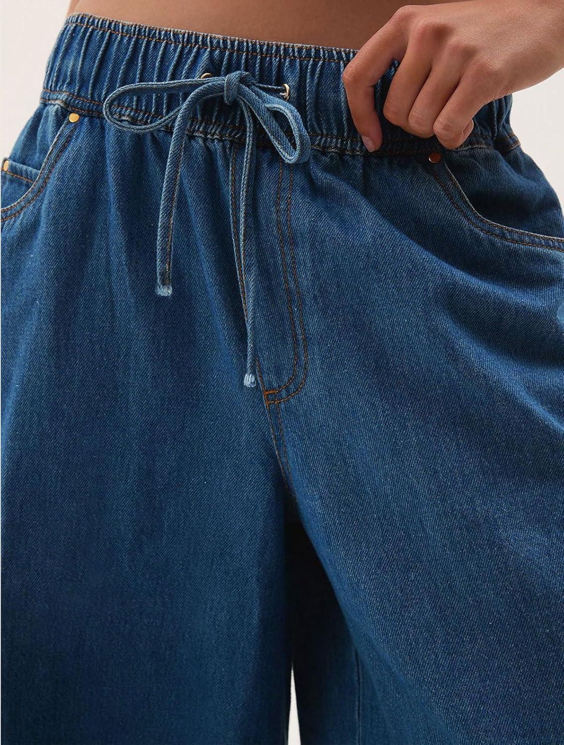 imageCHARTOU Women Wide Leg Jeans High Waisted Straight Leg Baggy Drawstring Denim PantsBlue