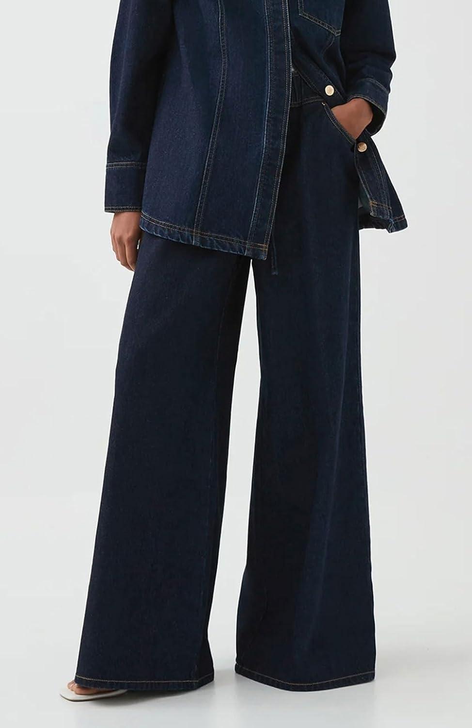 imageCHARTOU Women Wide Leg Jeans High Waisted Straight Leg Baggy Drawstring Denim PantsDark Blue