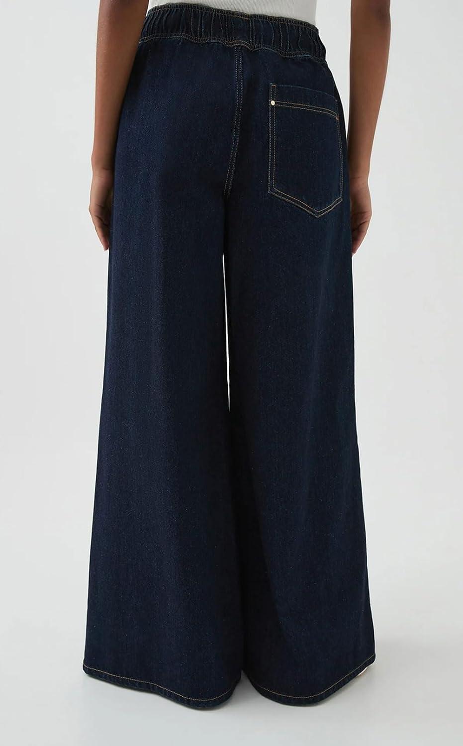 imageCHARTOU Women Wide Leg Jeans High Waisted Straight Leg Baggy Drawstring Denim PantsDark Blue