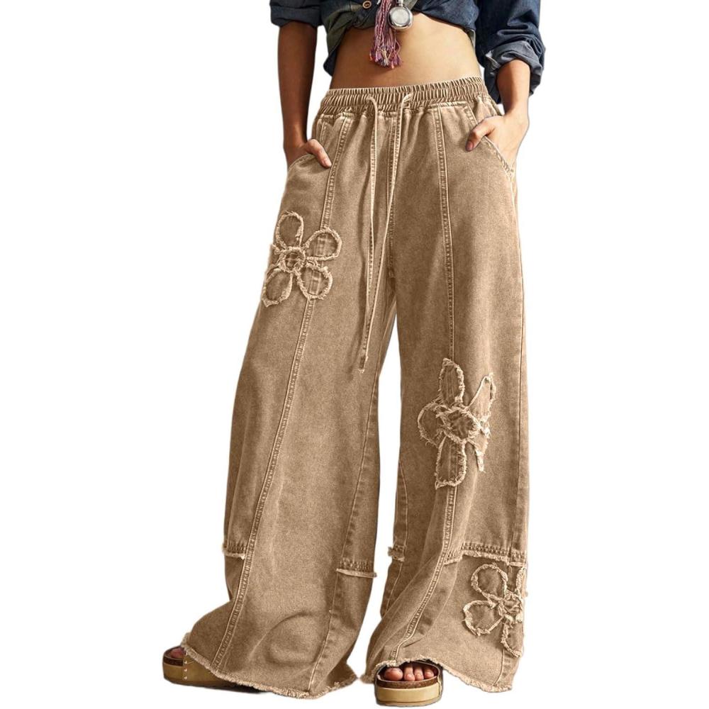 imageCHARTOU Baggy Wide Leg Jeans Women Drawstring Elastic High Waisted Distressed Floral Denim Pants Y2k JeansKhaki