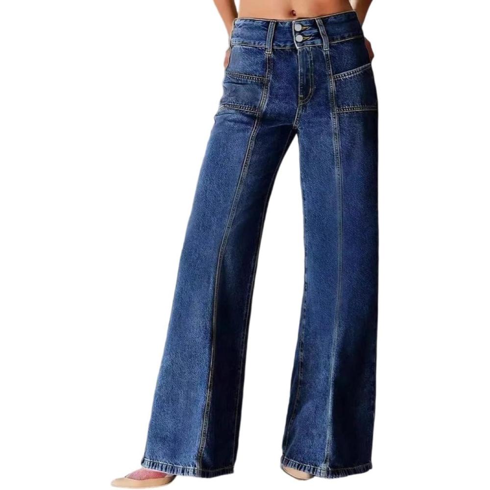 imageCHARTOU Women Front Seam Wide Leg Denim Pants Vintage High Waist Baggy Long Jeans with PocketsBlue
