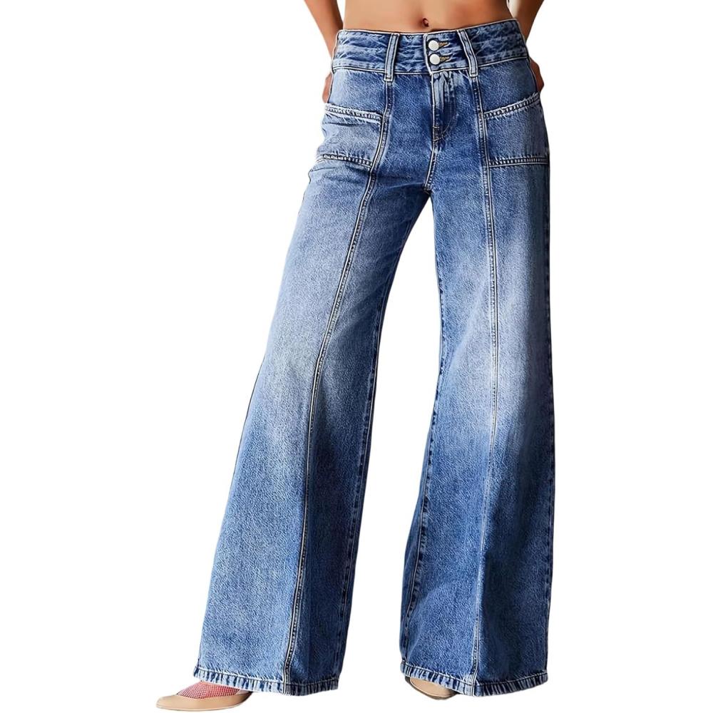 imageCHARTOU Women Front Seam Wide Leg Denim Pants Vintage High Waist Baggy Long Jeans with PocketsLight Blue