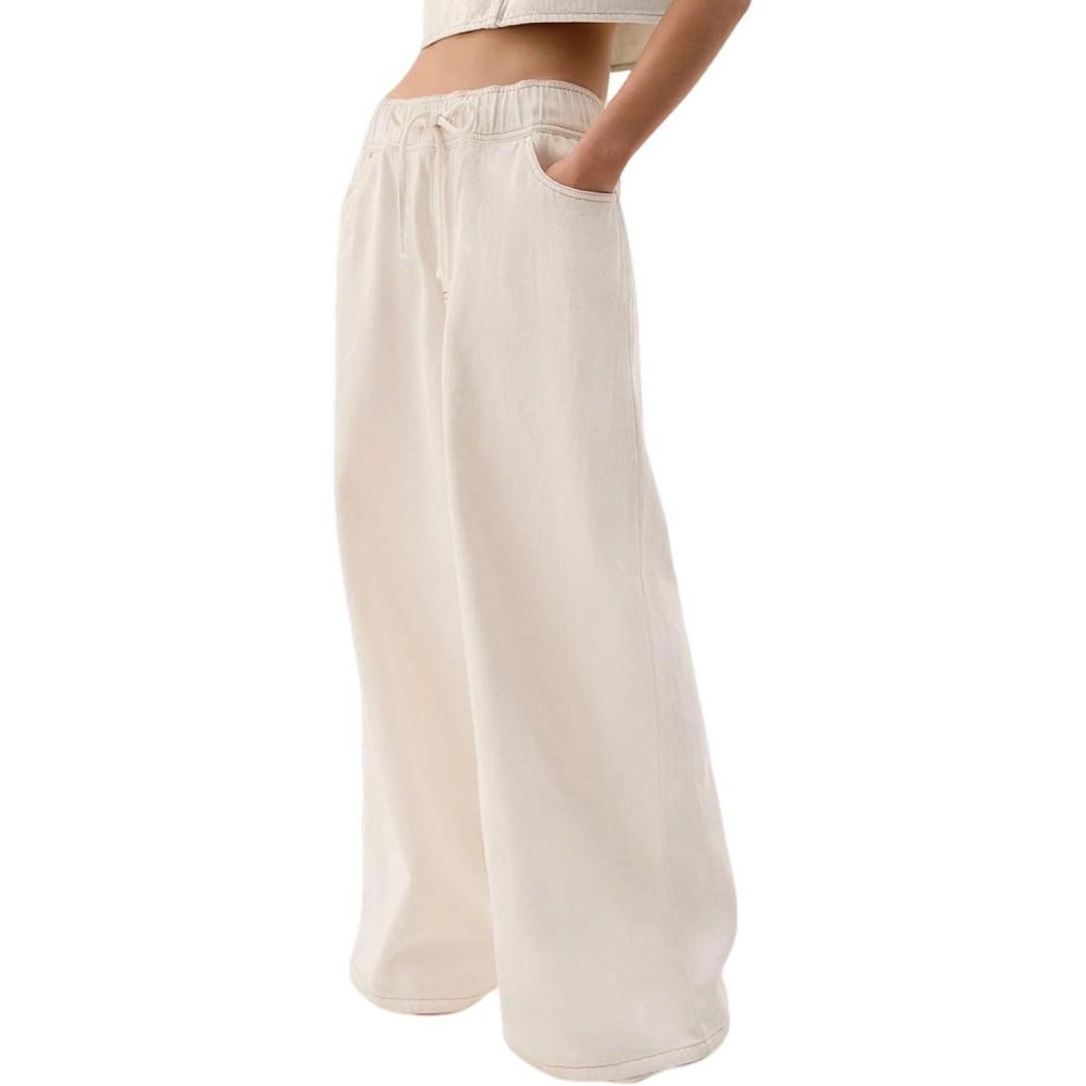 imageCHARTOU Women Wide Leg Jeans High Waisted Straight Leg Baggy Drawstring Denim PantsBeige